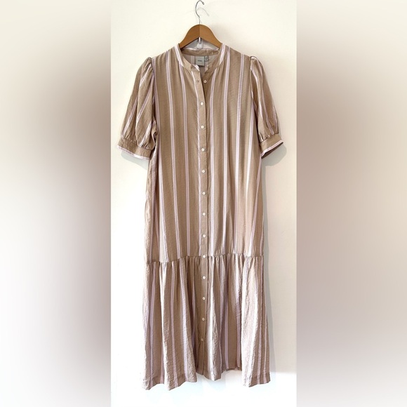 ICHI Striped Puff Sleeve Button-Front Dress - Size 38 - Picture 2 of 7
